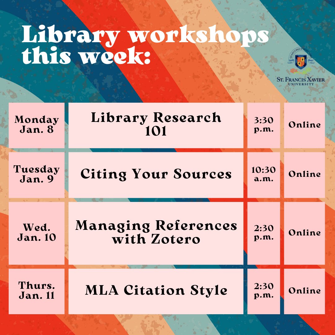 stfxlibrary's tweet photo. Need some extra research help this term? Look no further!
We have online workshops available this week!
Register by visiting https://t.co/6zEa8lxOIe
#anguslmacdonaldlibrary #stfxuniversity https://t.co/NV7yUlLEmZ