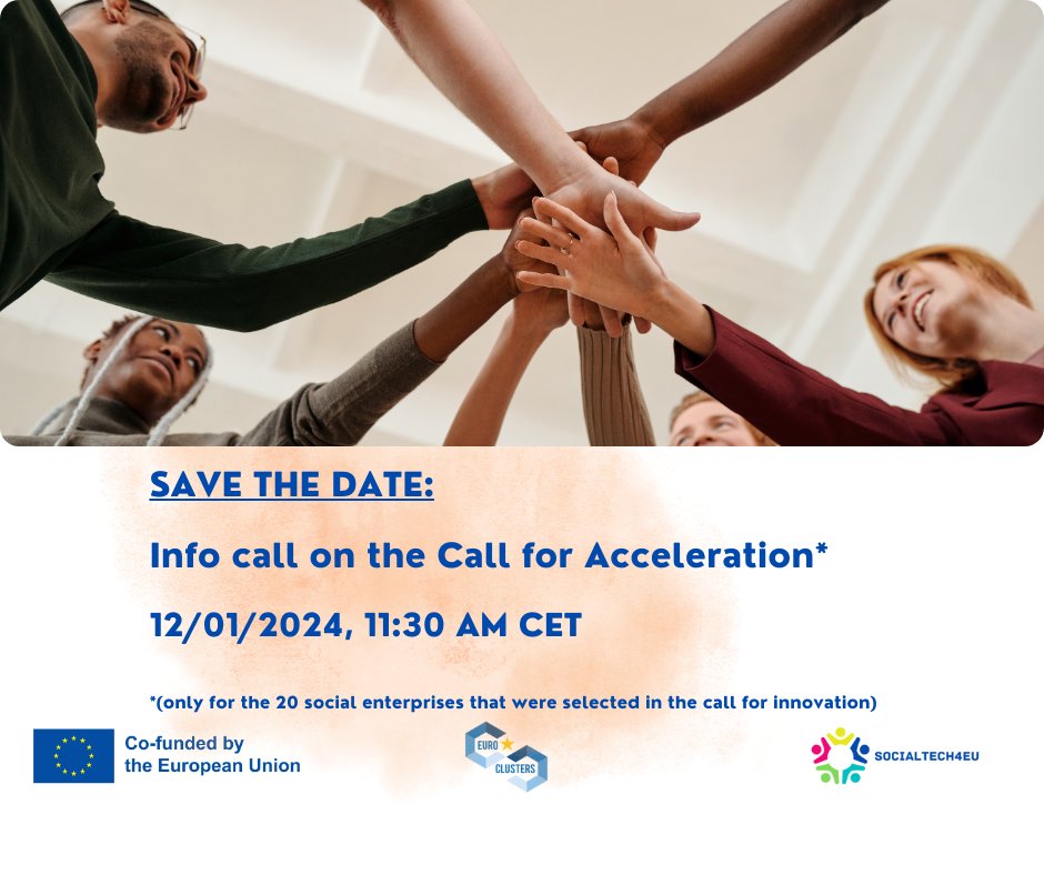 SAVE THE DATE ! ⏰

👉SocialTech4EU organises an infocall about Acceleration Open Call !

🔍You have been selected in the Call for Innovation and you want to apply for the Acceleration Call?