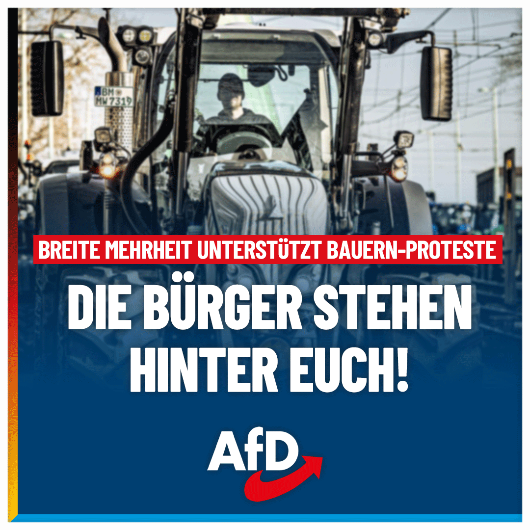 AfD's tweet photo. Breite Mehrheit der Deutschen unterstützt Bauern-Proteste!

Über diese Zahlen kann man nur überrascht sein, wenn man wie die #Ampel-Regierung und die #CDU in einem Paralleluniversum lebt: Mit 69 Prozent der Deutschen unterstützt eine breite Mehrheit die aktuellen #Bauernproteste! Nur rund ein Fünftel (22 Prozent) spricht sich laut der entsprechenden Erhebung des #INSA-Instituts gegen die Proteste aus. Damit ist klar: Die #AfD wird in ihrer Politik bestätigt – schließlich sorgt nur die ideologiefreie AfD-Energiepolitik dafür, dass Landwirte ihre Energiekosten wieder stemmen können. Außerdem forderte die AfD bereits im Jahr 2022 mit einem Bundestags-Antrag, dass die #Agrardiesel-Rückerstattung verdoppelt wird (https://t.co/Up6UCoR8FW). Unsere Politik erweist sich einmal mehr als vorausschauend und weitsichtig!

Dass den Bauern eine Welle der Sympathie aus der Bevölkerung entgegenkommt, ist aus zwei Gründen kein Wunder. Erstens haben die Menschen auch jenseits des bäuerlichen Berufsstands die Nase voll von #CO2-Abzocke und grüner Energiepolitik. Und zweitens bringen die Bauern ihren Protest im Gegensatz zur „Letzten Generation“ zivilisiert, demokratisch und menschlich zum Ausdruck: Für die Durchfahrt von Rettungsfahrzeugen wurden die Blockaden unterbrochen. Während die Öko-Terroristen der „Letzten Generation“ auf blinde Zerstörungswut und billige Parolen setzen, überzeugen die Bauern mit Argumenten und sympathischem Auftreten. „Wir merken schon, dass alles sehr gesittet abläuft. Man ist auch mit Augenmaß dabei“, sagt ein Sprecher der brandenburgischen Polizeidirektion Nord.

Solche demokratischen Proteste gegen den Ampel-Irrsinn zu unterstützen, wird uns auch weiterhin ein Herzensanliegen bleiben. Die INSA-Umfrage macht Mut und zeigt, dass sich der Wind des Zeitgeists längst gedreht hat. Wir bleiben mit euch auf der Straße, damit endlich eine Politik für steuerliche Entlastungen, für die Unterstützung unserer #Landwirtschaft und für die Interessen der eigenen Bürger gemacht wird. Die Ampel wird bald ganz allein stehen! #B0801