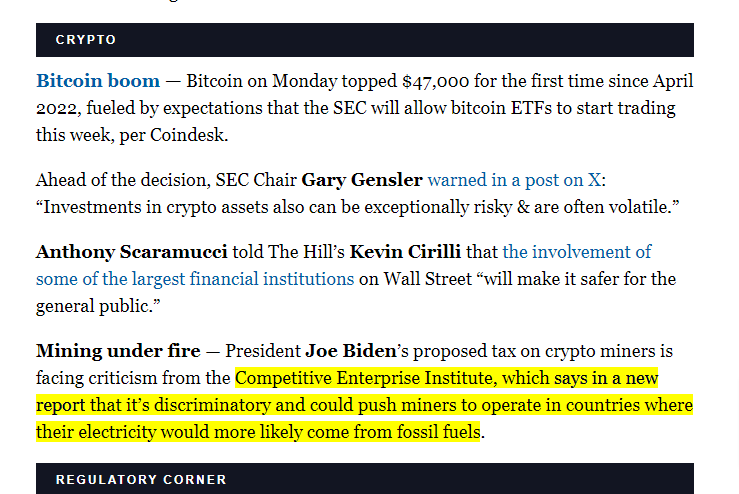 ceidotorg's tweet photo. CEI's new "Don’t Depower Crypto" report from @JamesBroughel @jberlau and @AriPatinkin on the Biden Admin's newly proposed tax targeting electricity used by crypto mining spotlighted in Politico's Morning Money by @declanharty @Zachary 

CEI report here: https://t.co/8u0iyLarfY https://t.co/mYIiziXMDW