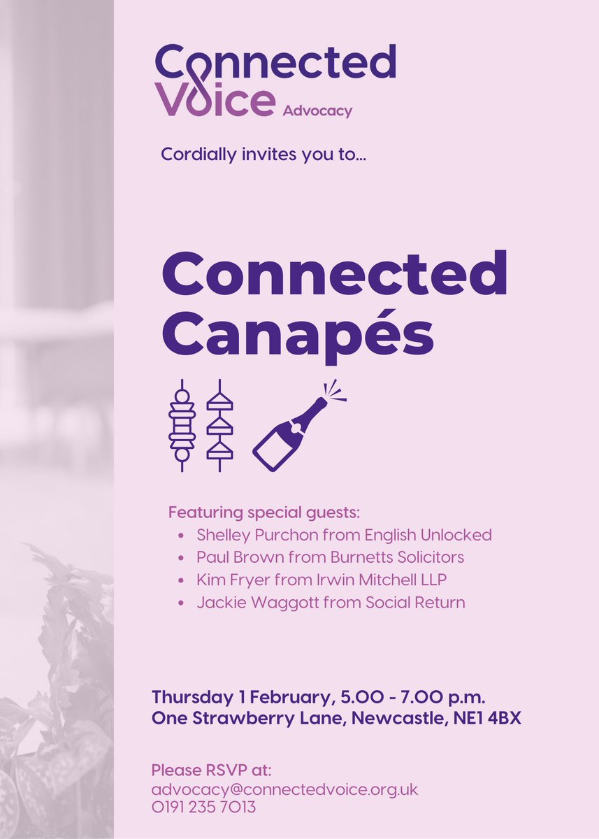 New date for @CVAdvocacy event! Want to learn more about our Advocacy services in a relaxed setting? Then join us for 'Connected Canapés', now taking place on Thurs 1 Feb. Join us from 5-7 p.m. at @OneStrawberryLn for this special event. RSVP at advocacy@connectedvoice.org.uk