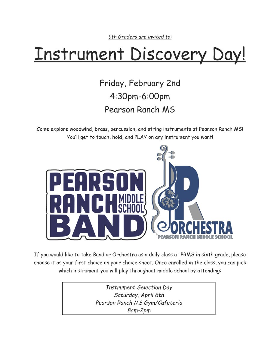Calling all 5th Graders!!!
Come to our Instrument Discovery Day on Friday, February 2nd! Learn about all the instruments so you can get an idea of what instrument you want to play! We're so excited to see you!