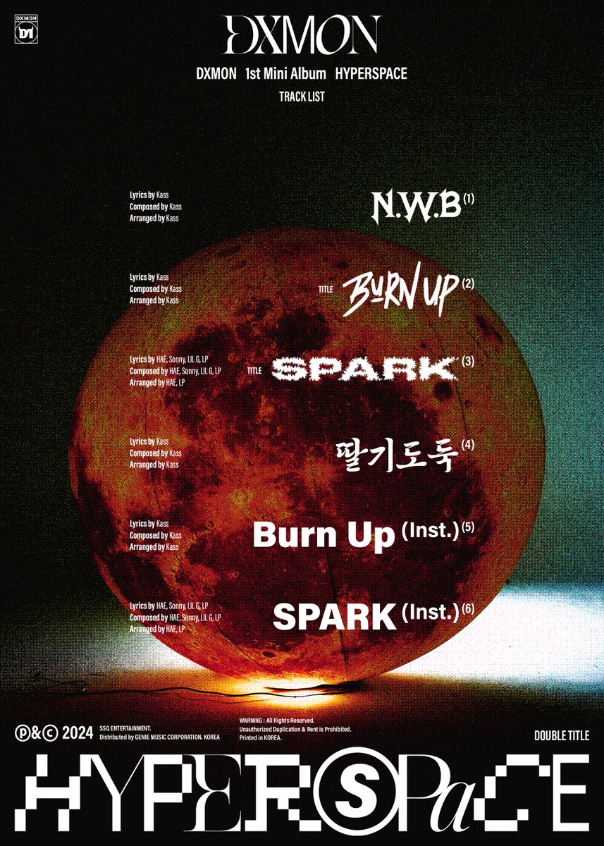 DXMON_HM's tweet photo. DXMON (다이몬) 1st Mini Album [HYPERSPACE]

TRACKLIST

➫ 2024.01.17 6PM (KST)

#DXMON #다이몬
#DXMON_HYPERSPACE https://t.co/2fIKmtOxH1
