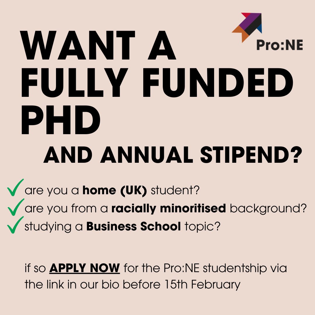 Are you a home (UK) student from a racially minoritised background looking to study a Business School topic? You could be eligible for a fully funded PhD and annual stipend! Applications close 15th February at: durham.ac.uk/study/postgrad…