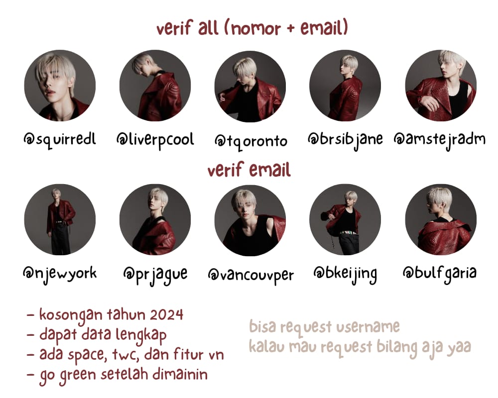 🧺 . . wts acc kosongan y lama 🌷

🏷 price : 9,000

♡ verif all nomor luar (no mastif)
♡ @ mulchar
♡ -ssb (ganti usn)
♡ masuk mt, ht (sambil dimainin)
♡ avail circle &amp; space

Order? Langsung wa aja yaa!
💌 : wa.me/6289527962239