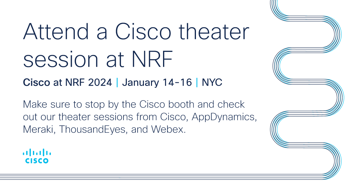 Will you be at #NRF2024? Make sure to visit Cisco booth 5639! We're hosting sessions on the latest retail trends and technology in our theater. It's a perfect opportunity to stay updated on key industry topics. Check out our schedule here: ️cs.co/6018Rmhom
