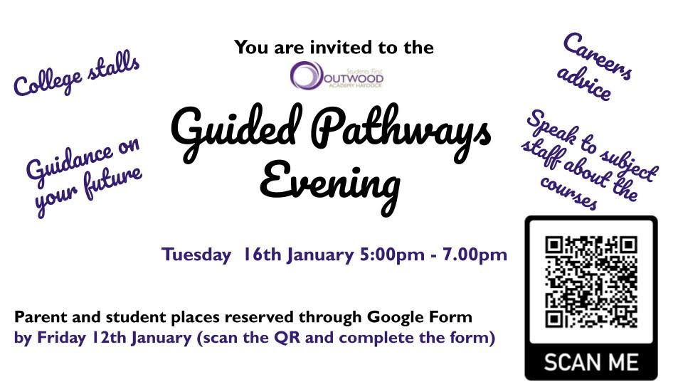 OutwoodHaydock's tweet photo. 📢 We are pleased to invite Y9 students and their parents/carers to to our #GuidedPathway evening on Tue 16/01/23 to discuss their KS4 courses & future steps! Scan the QR code to reserve your space today!
#teamhaydock #outwoodfamily #itswhoiam #nextsteps #careers https://t.co/OycmxQnnDB