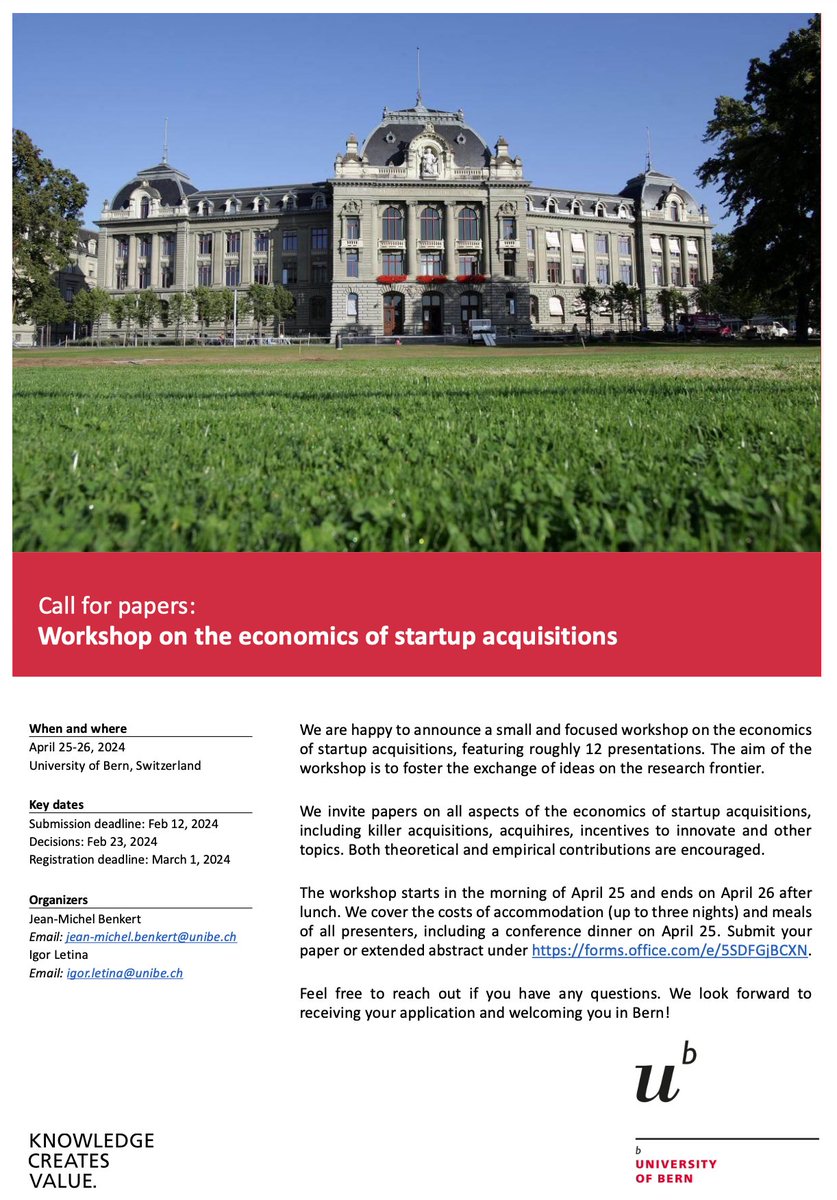 Jean-Michel Benkert (@jm_benkert) and I are organizing a small workshop on the economics of startup acquisitions. We welcome theoretical and empirical papers on killer acquisitions, acquihires, incentives to innovate, and other topics related to startup acquisitions.