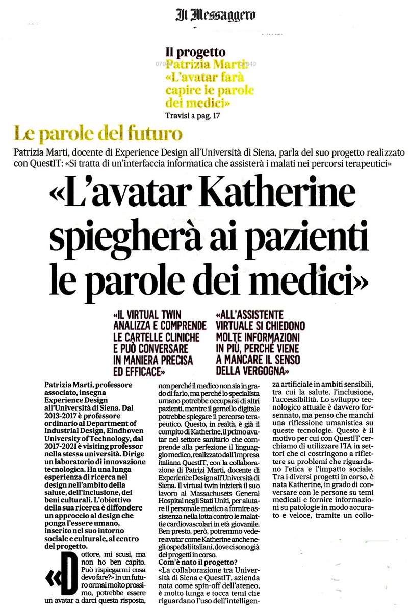 unisiena's tweet photo. «L'#avatar Katherine spiegherà ai pazienti le parole dei medici». Su "Il Messaggero" dell'8/1/24 #PatriziaMarti, docente dell'#Università di #Siena, parla del progetto svolto con #QuestIT: «Si tratta di un'interfaccia informatica che assisterà i malati nei percorsi terapeutici». https://t.co/Zh5ODWdOoL