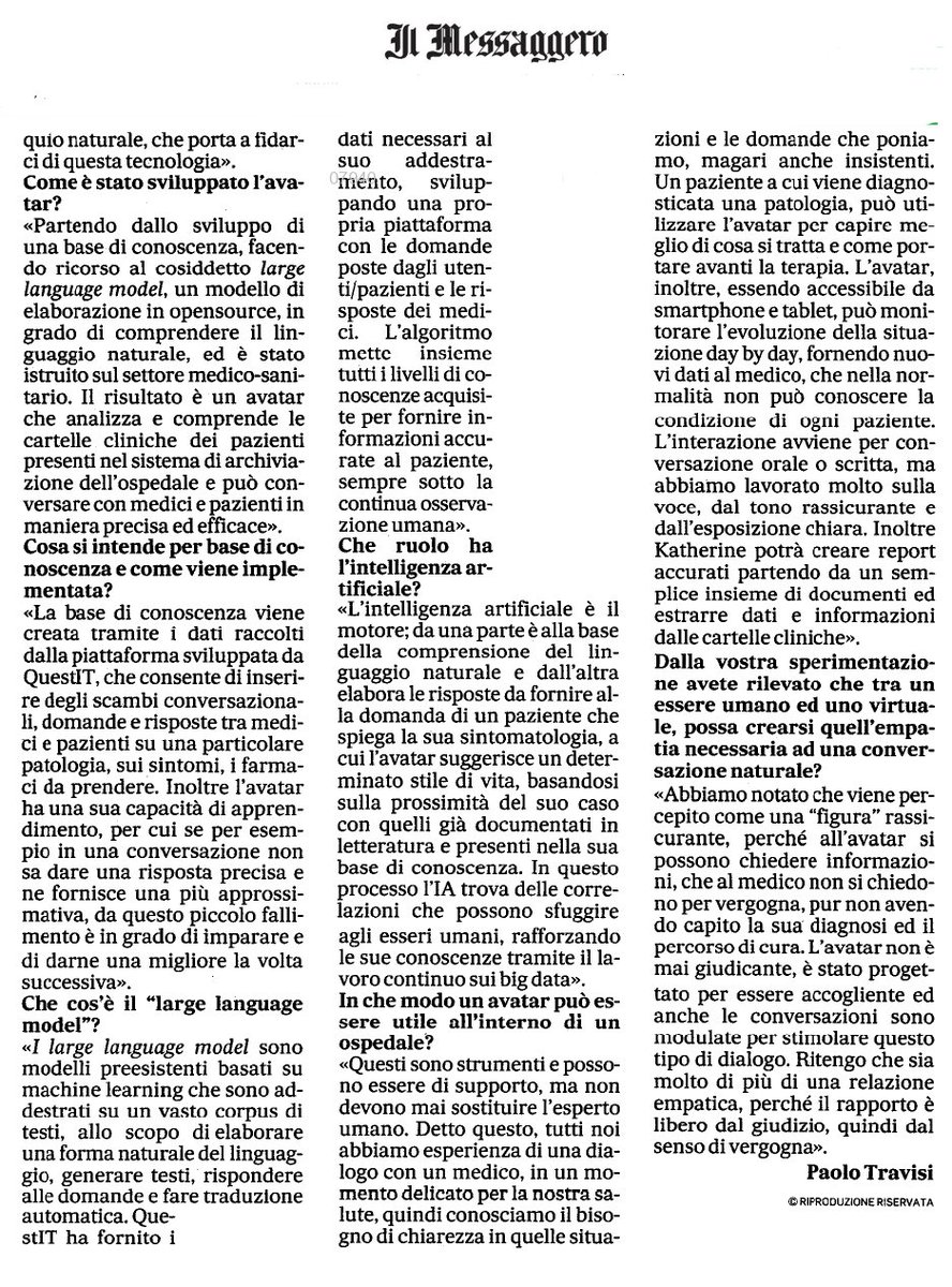 unisiena's tweet photo. «L'#avatar Katherine spiegherà ai pazienti le parole dei medici». Su "Il Messaggero" dell'8/1/24 #PatriziaMarti, docente dell'#Università di #Siena, parla del progetto svolto con #QuestIT: «Si tratta di un'interfaccia informatica che assisterà i malati nei percorsi terapeutici». https://t.co/Zh5ODWdOoL