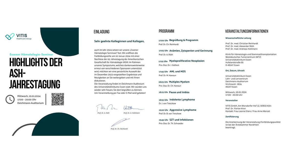 unser erstes Highlight des Jahres! 
Wir freuen uns auf den persönlichen Austausch zu ausgewählten Neuigkeiten und Ergebnissen der ASH-Jahrestagung 2023 i.R. unseres Hämatologie Seminars im UK- Essen, Deichmann-Auditorium.
<a href="/chr_reinhardt/">Christian Reinhardt</a> <a href="/UniklinikEssen/">Uniklinikum Essen</a>