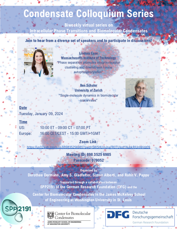 SPP2191's tweet photo. Make sure you join us today for the next set of exciting talks in the Condensate Colloquium Series with @LindsayCase19  &amp; Ben Schuler.
@SPP2191
@WashUengineers https://t.co/9BP41oisi0