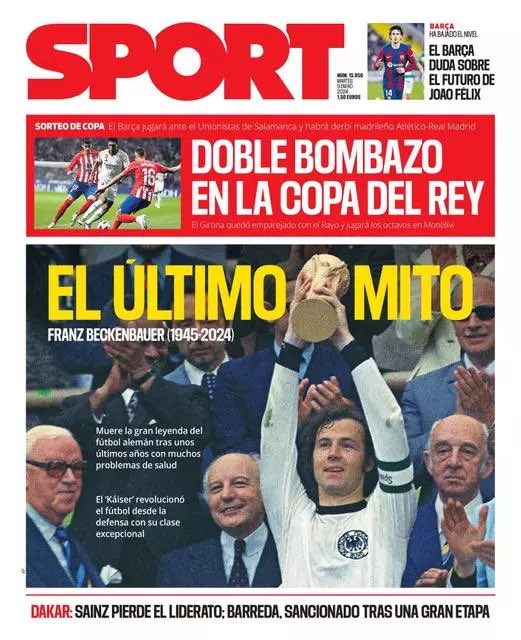 Today's 🇪🇸⚽ frontpages: 🗞️ Marca: 'We all wanted to be Beckenbauer' 🗞️ AS: 'Storm of derbies' 🗞️ Mundo Deportivo: 'Goodbye to the Kaiser' 🗞️ Sport: 'The last legend'