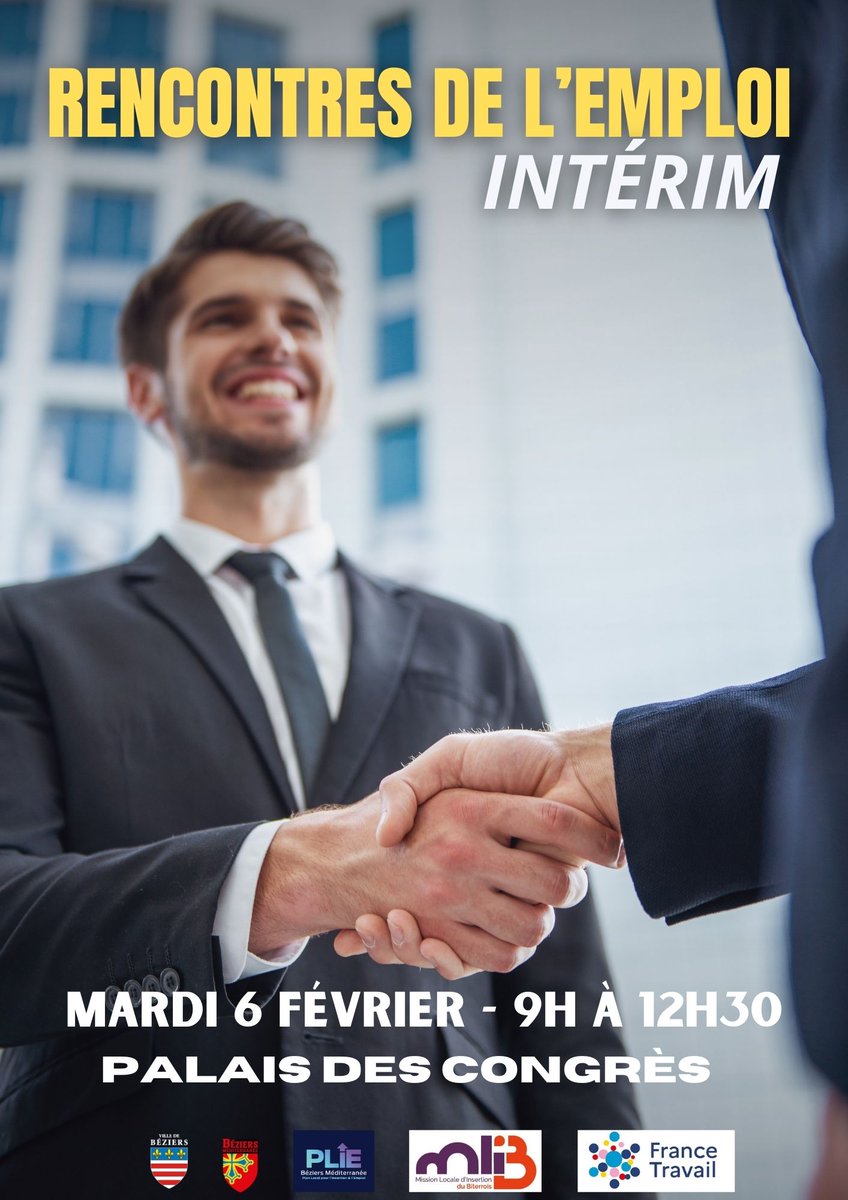 🤝 Décrochez votre opportunité professionnelle à La Rencontre de l'Emploi Intérim 🤝

Rencontrez des recruteurs de premier plan et donnez un nouvel élan à votre parcours professionnel !

📅  Mardi 6 février
🕑 De 9h à 12h30
📍 Palais des Congrès - Béziers