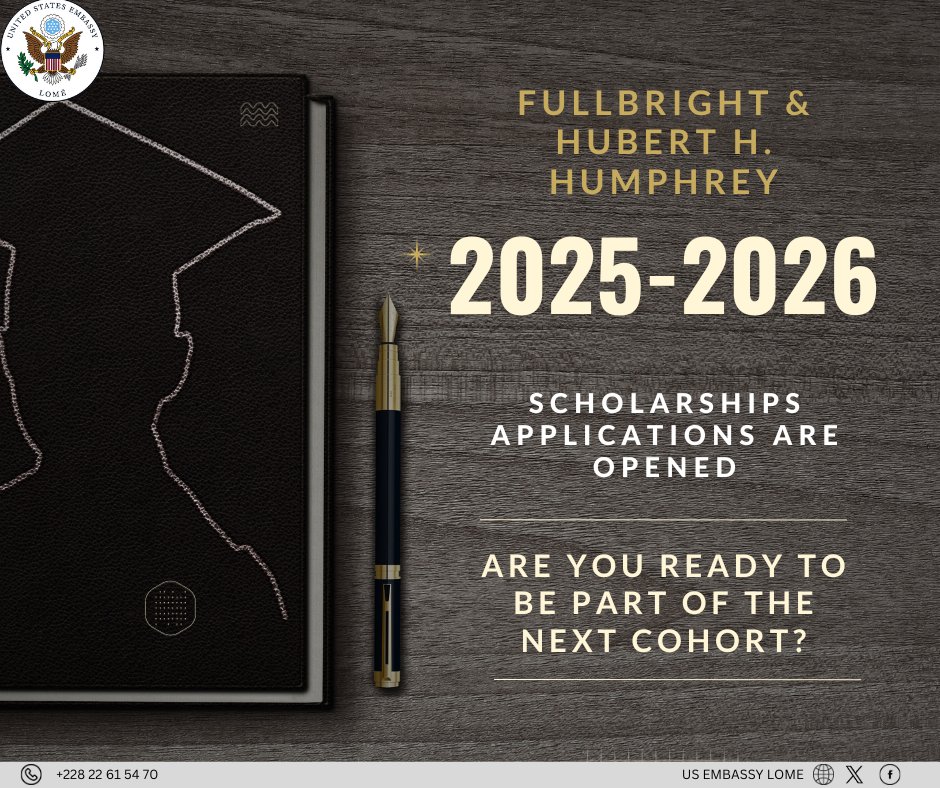 U.S. Embassy Togo (@usembassylome) on Twitter photo Les candidatures des bourses Fullbright et Hubert Humphrey pour l'année accademique 2025 - 2026 sont ouvertes. Les conditions d'éligibilité et formulaires pour postuler sont disponibles via tg.usembassy.gov/education-cult… Les candidatures des bourses Fullbright et Hubert Humphrey pour l'année accademique 2025 - 2026 sont ouvertes. Les conditions d'éligibilité et formulaires pour postuler sont disponibles via tg.usembassy.gov/education-cult…