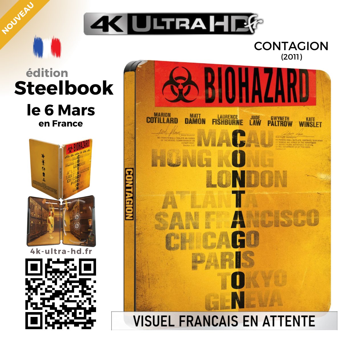 🔥 𝙉𝙤𝙪𝙫𝙚𝙖𝙪 4k « 𝗖𝗢𝗡𝗧𝗔𝗚𝗜𝗢𝗡 » le 6 Mars en France 🇫🇷

𝙎𝙩𝙚𝙚𝙡𝙗𝙤𝙤𝙠 👉 4k-ultra-hd.fr/film/contagion

ℹ️ édition #Steelbook. De #StevenSoderbergh avec #MarionCotillard #MattDamon
#4KultrahdFR #BluRay4K #4KUltraHD #Bluray #physicalmedia