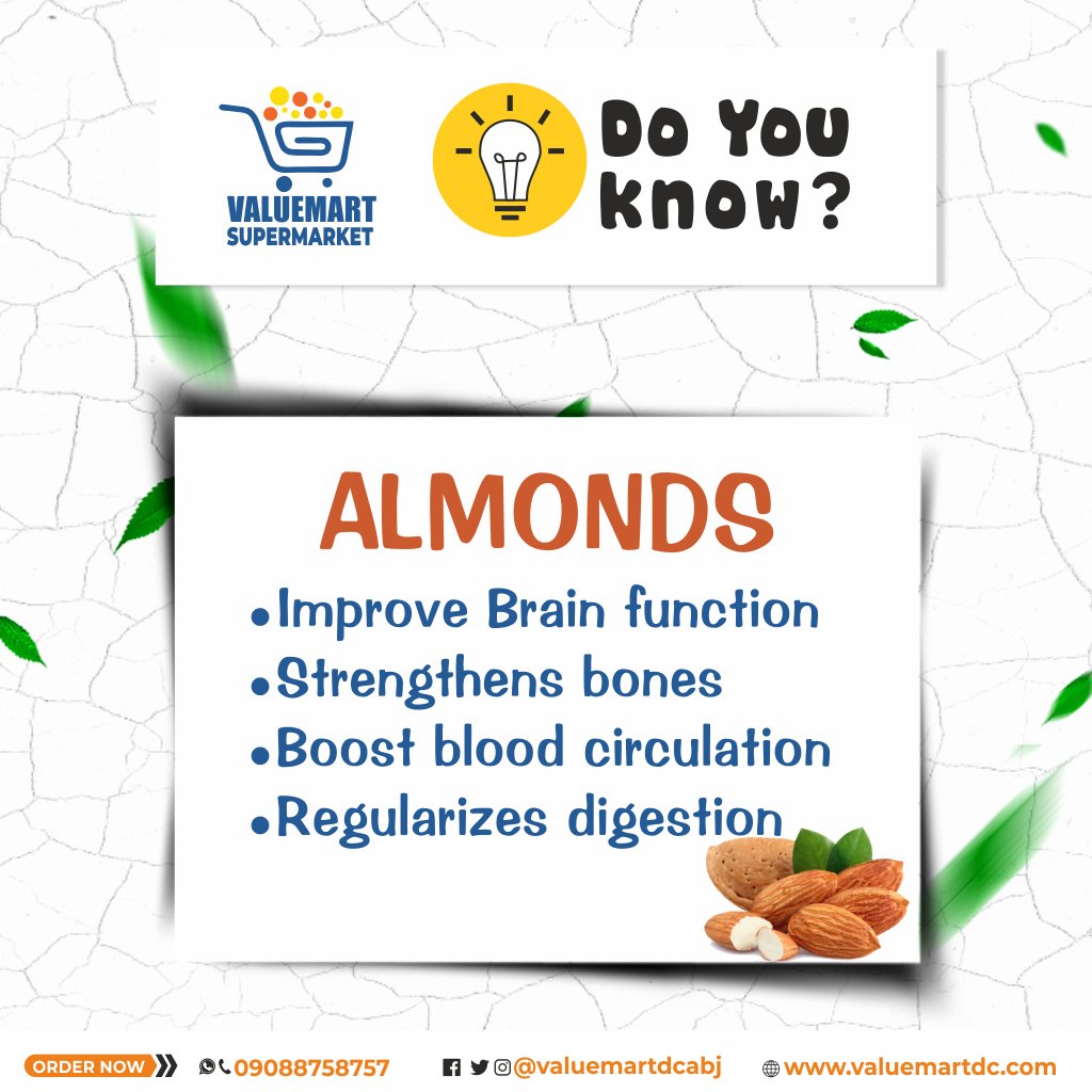 valuemartdc's tweet photo. Boost your well-being with a handful of goodness! 🌰 Did you know almonds are packed with heart-healthy fats, antioxidants, and essential nutrients? Snack smart, snack healthy! #wellnesstuesday #AlmondJoy #SmartSnacking #ValuemartSupermarket https://t.co/L4BKA9LgZO
