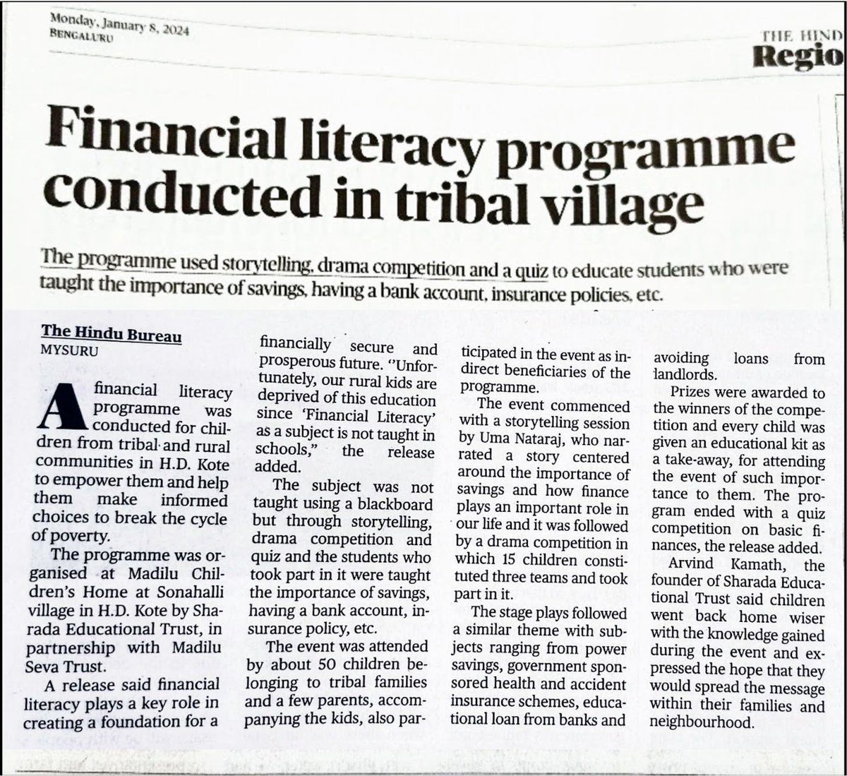 arvindakamath's tweet photo. @nsitharaman @nsitharamanoffc 
Encouraged by your call to spread #FinancialLiteracy Sharada Educational Trust organised this program at a tribal village in HD Kote taluk (Mysore dist) on 6th Jan to benefit rural kids aged 8 to 12. The news article in #TheHindu is attached below. https://t.co/qkGIyl8uIo