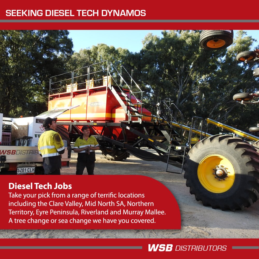 WSBDistributors's tweet photo. WSB Distributors has opportunities for experienced &amp; qualified diesel technicians to join our 7 branches - 6 in SA and 1 in NT - and be part of the growing success of its third generation, family-owned, company.

#career #dieseltech #seachange #treechange #teamwork #mechanic https://t.co/twSNfzJL0W