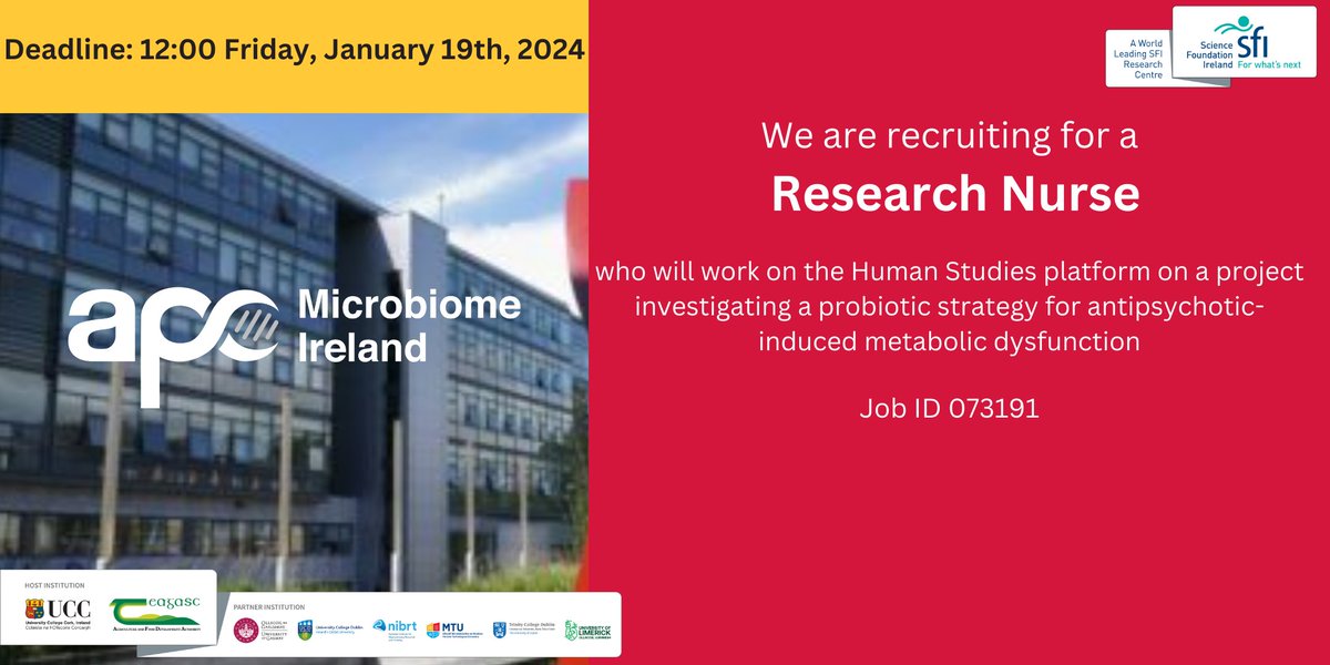 "APC <a href="/Pharmabiotic/">APC Microbiome Ireland</a> is recruiting a Clinical Research Nurse to support the team in the microbiome-brain-gut axis spoke with <a href="/harschellekens/">Dr. Harriet Schellekens</a> <a href="/KarOConnor/">Karen O Connor</a> <a href="/UCCpsychiatry/">UCCpsychiatry</a> <a href="/jfcryan/">John F. Cryan</a> Please apply here ore.ucc.ie using job ID 073191. Closing date January 19th #research