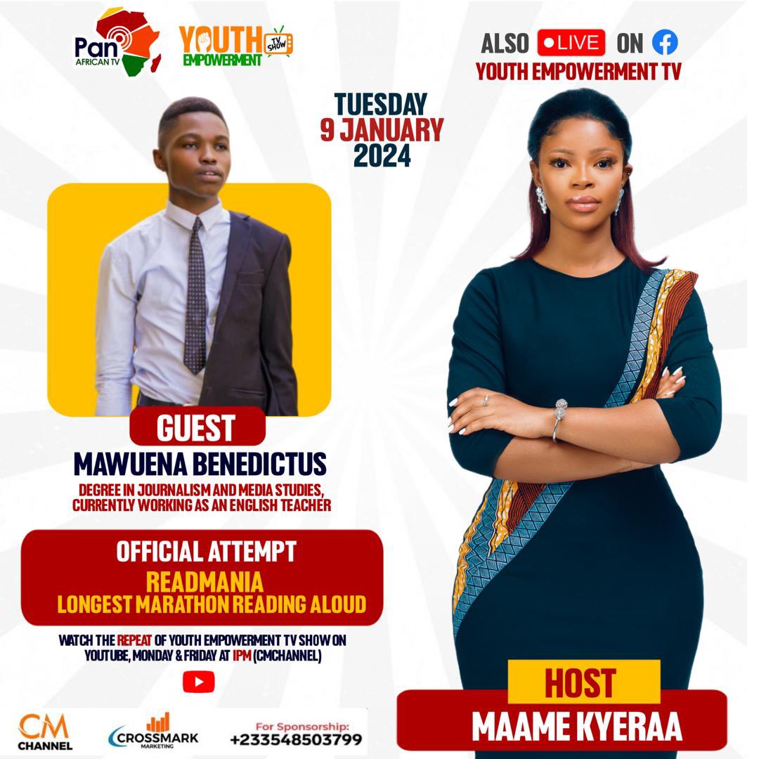 AmeyawDebrah's tweet photo. The Longest reading aloud marathon by an individual ' Catch him live on the 9th January, 2023 on PanAfrican(Youth empowerment show) 12noon as he unveils a road map of an impactful journey.
#readmania #Gwr #tv3ghana #YenGhana #JoyNews #PulseWantsToKnow #pulseghana https://t.co/pG65xGtcDY