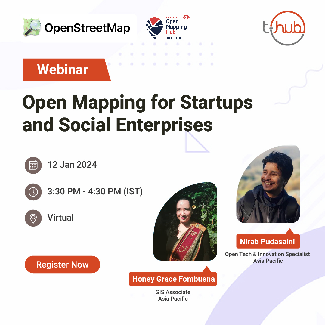 Open Mapping Hub Asia-Pacific (@openmapping_ap) on Twitter photo Are you a forward-thinking social enterprise relying on data for decision-making & business operations? Join us for a webinar hosted by <a href="/THubHyd/">T-Hub</a>, #APHub & <a href="/hotosm/">Humanitarian OpenStreetMap Team</a> on 'Exploring OpenStreetMap & Open Mapping' on 12th Jan, 3.30-4.30 (IST).
Registration Link:meeting.zoho.com/meeting/regist… Are you a forward-thinking social enterprise relying on data for decision-making & business operations? Join us for a webinar hosted by <a href="/THubHyd/">T-Hub</a>, #APHub & <a href="/hotosm/">Humanitarian OpenStreetMap Team</a> on 'Exploring OpenStreetMap & Open Mapping' on 12th Jan, 3.30-4.30 (IST).
Registration Link:meeting.zoho.com/meeting/regist…