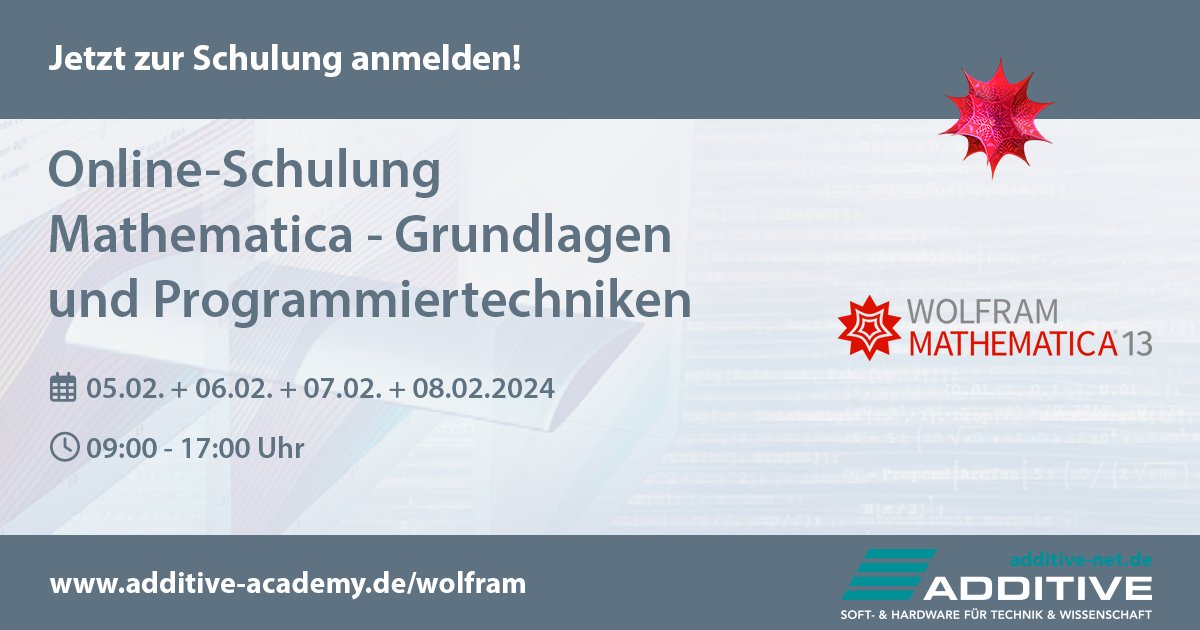 In unserer #Wolfram-#OnlineSchulung „#Mathematica Grundlagen und Programmiertechniken“ vom 05.-08.02. erlernen Sie den praktischen Umgang mit den Basisfunktionen des Software-Allrounders. Jetzt anmelden!
🌐 additive-net.de/de/training/sc…