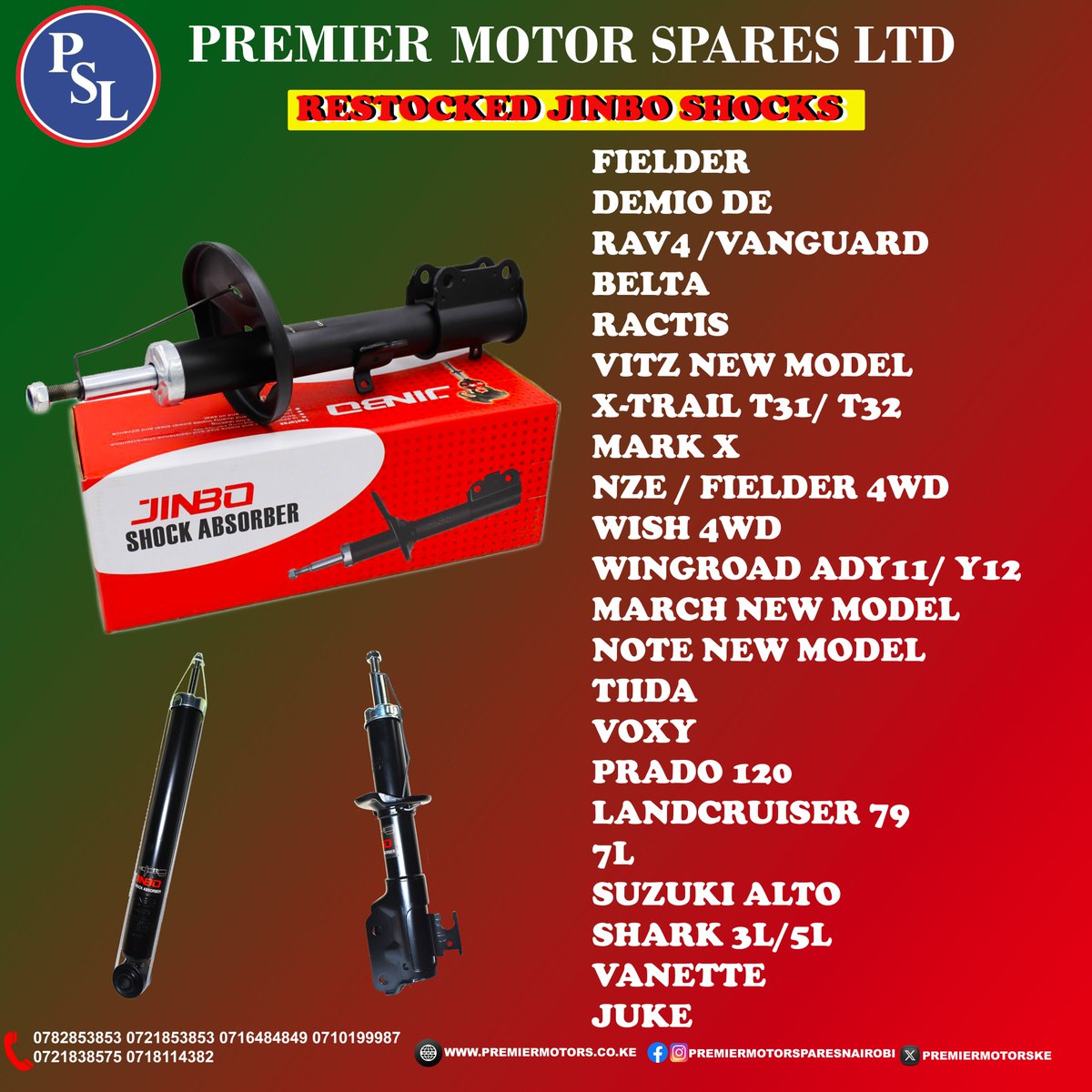 Affordable, reliable and quality Jinbo Shock Absorbers now restocked for the following cars on the poster. Visit our shops or calls us on 0782853853 0721853853 0710199987 0716484849 for convenience. Quality is our promise. #premiermotorspares #jinboshocks Mpesa Safaricom Osama