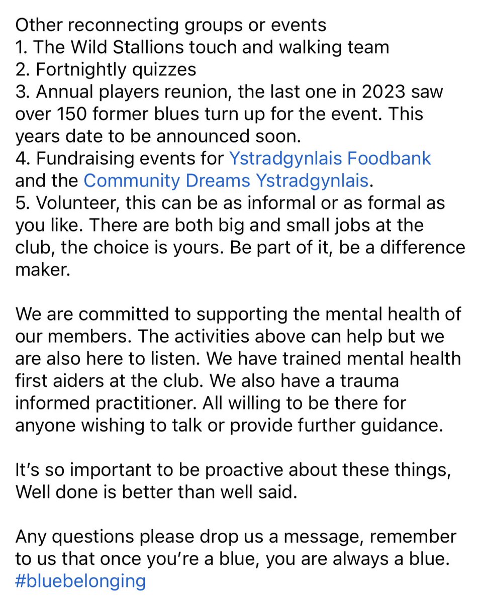 The club is looking to reconnect and support retired players. #bluebelonging