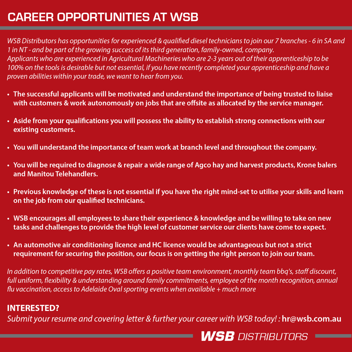 WSBDistributors's tweet photo. WSB Distributors has opportunities for experienced &amp; qualified diesel technicians to join our 7 branches - 6 in SA and 1 in NT - and be part of the growing success of its third generation, family-owned, company.

#career #dieseltech #seachange #treechange #teamwork #mechanic https://t.co/twSNfzJL0W