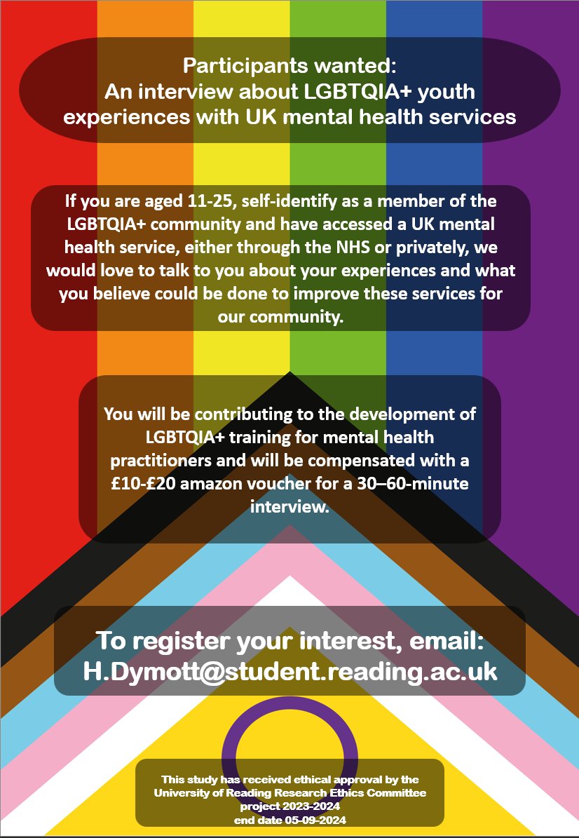Help shape mental health services for LGBTQIA+ young people in the UK!

If you're aged 11-25, identify as part of the LGBTQIA+ community &amp; have ever accessed mental health support in the UK, the University of Reading wants to hear from you. Email; h.dymott@student.reading.ac.uk