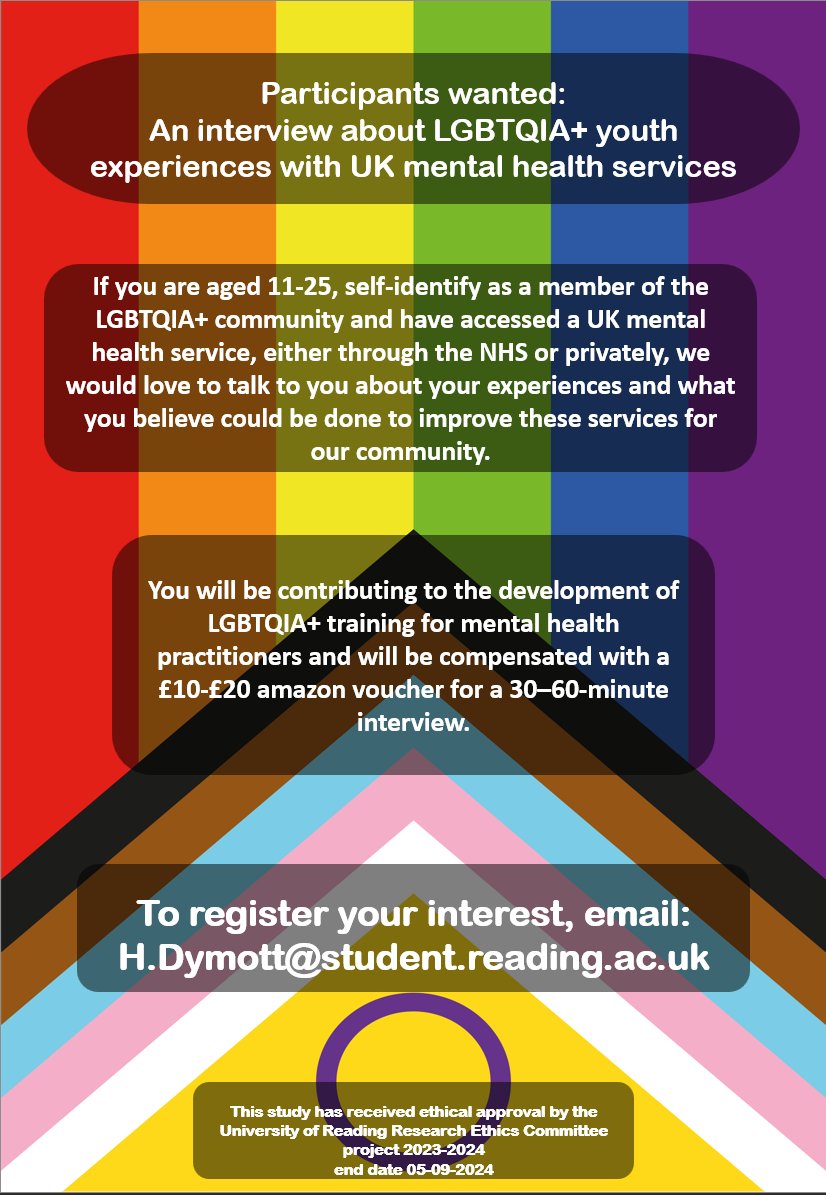 Help shape mental health services for LGBTQIA+ young people in the UK! If you're aged 11-25, identify as part of the LGBTQIA+ community & have ever accessed mental health support in the UK, the University of Reading wants to hear from you. Email; h.dymott@student.reading.ac.uk