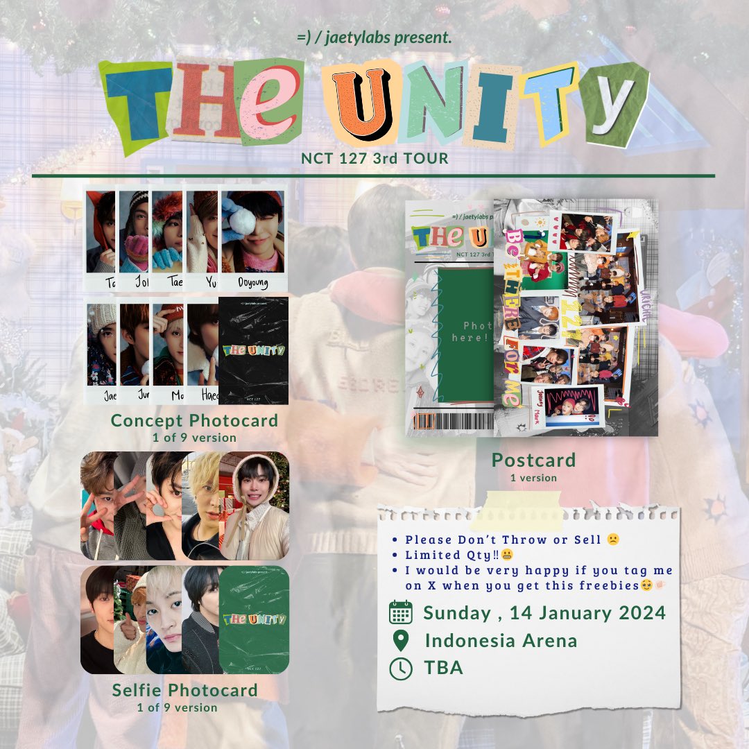 chnlele11's tweet photo. ˚✧˖° NCT 127 : THE UNITY JAKARTA‼️
⤹ freebies by @jaetylabs ˚ʚ♡ɞ

𐙚 don’t throw or sell it pls :(
𐙚 kindly tag me if u get!

🗓️ jan 14th, 2024 (Day 2)
📍 Indonesia Arena
⏰ tba 

‼️Limited‼️

#NCT127inJakarta #TheUnityinJakarta #NEOCITY_THE_UNITY_JKT https://t.co/NVBh8X1dDU