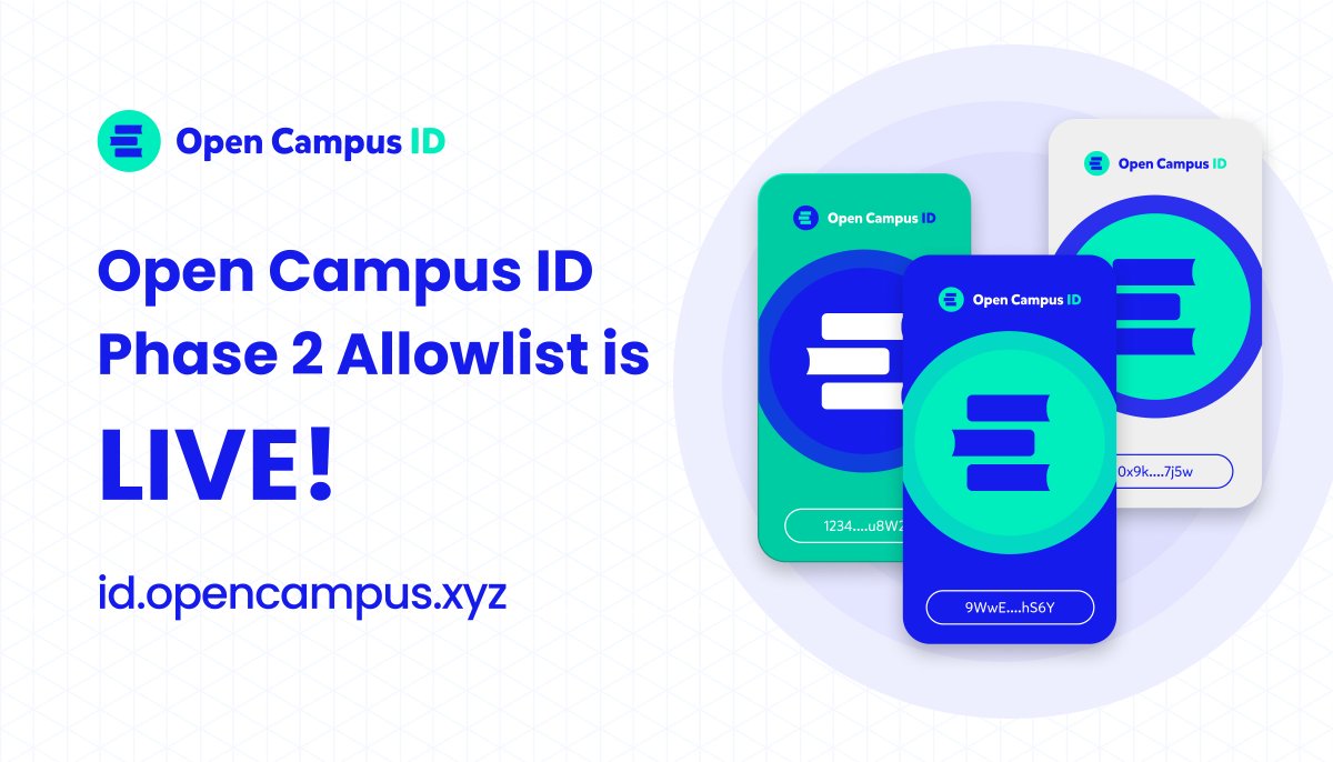 Open Campus ID Phase 2 Allowlist is now LIVE! Visit id.opencampus.xyz, connect your wallet, and join the Allowlist for the Open Campus ID to secure your .edu domain. 🚨 FCFS: 5000 spots available