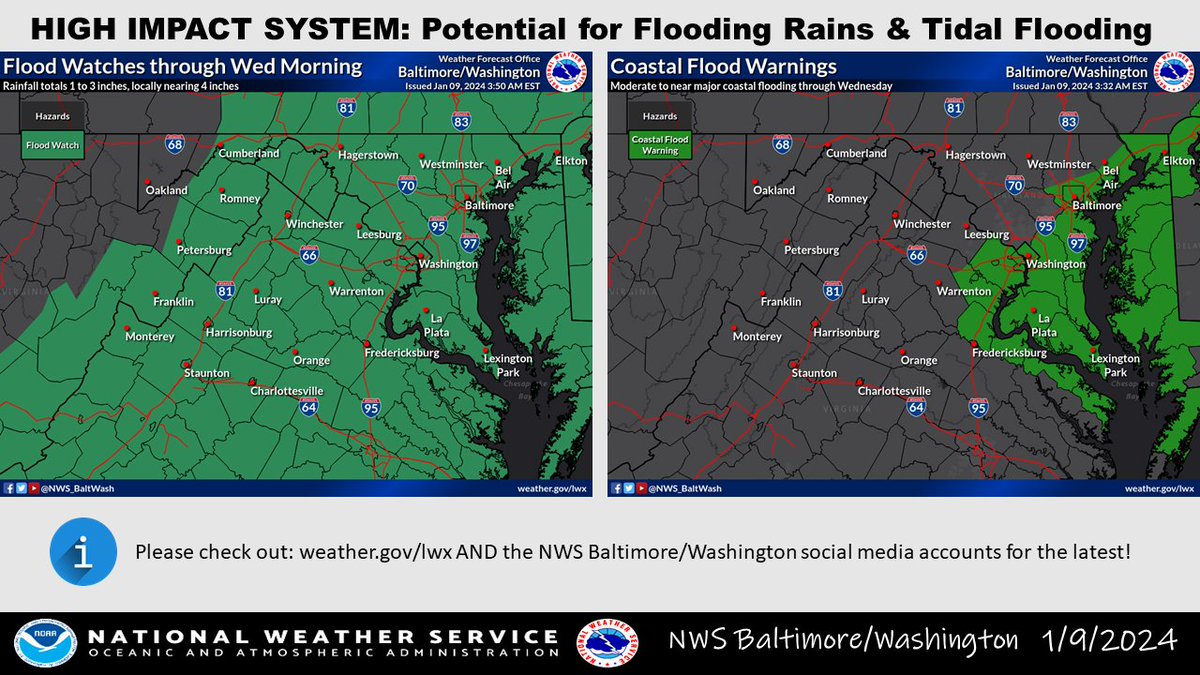 NWS_BaltWash's tweet photo. A high impact system is set to impact the area today into Wed. Flooding rains, coastal flooding, strong winds, and mountain wintry precipitation are all expected. Conditions deteriorate after dark as a brunt of the storm tracks from I-95 toward the Bay. #MDwx #VAwx #DCwx #WVwx https://t.co/WsotAZgmXC