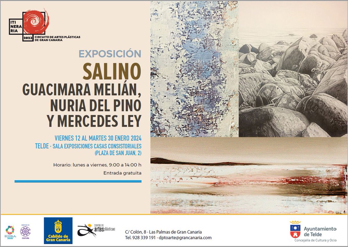 ArtesPlasticasG's tweet photo. Desde el día 12 de enero hasta el 30 de enero tendremos la exposición itineraria en el municipio de Telde , donde se expondrán las obras de las artistas Gran Canarias Guacimara Melián, Nuria del Pino y Mercedes Ley “Colectiva Salino” https://t.co/A6Pyzv9Y4s