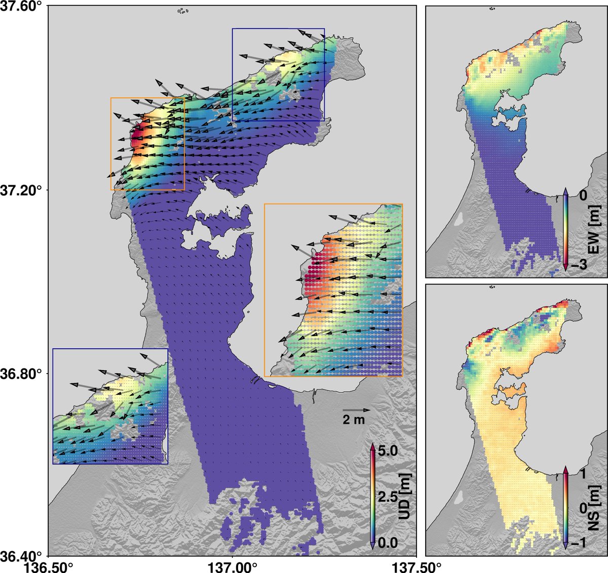 MarsZeff's tweet photo. 🆕Please find our newly updated 3D deformations. It is just a preliminary result with 1 km resolution. The higher resolution map is on the way. Deformations are well consistent with the reported coastal change. More to post ~ 
--@HLuo18 @kmno4_deliang Shengji @Dr_Yu_Jiang  and me https://t.co/F1ekonu2sH