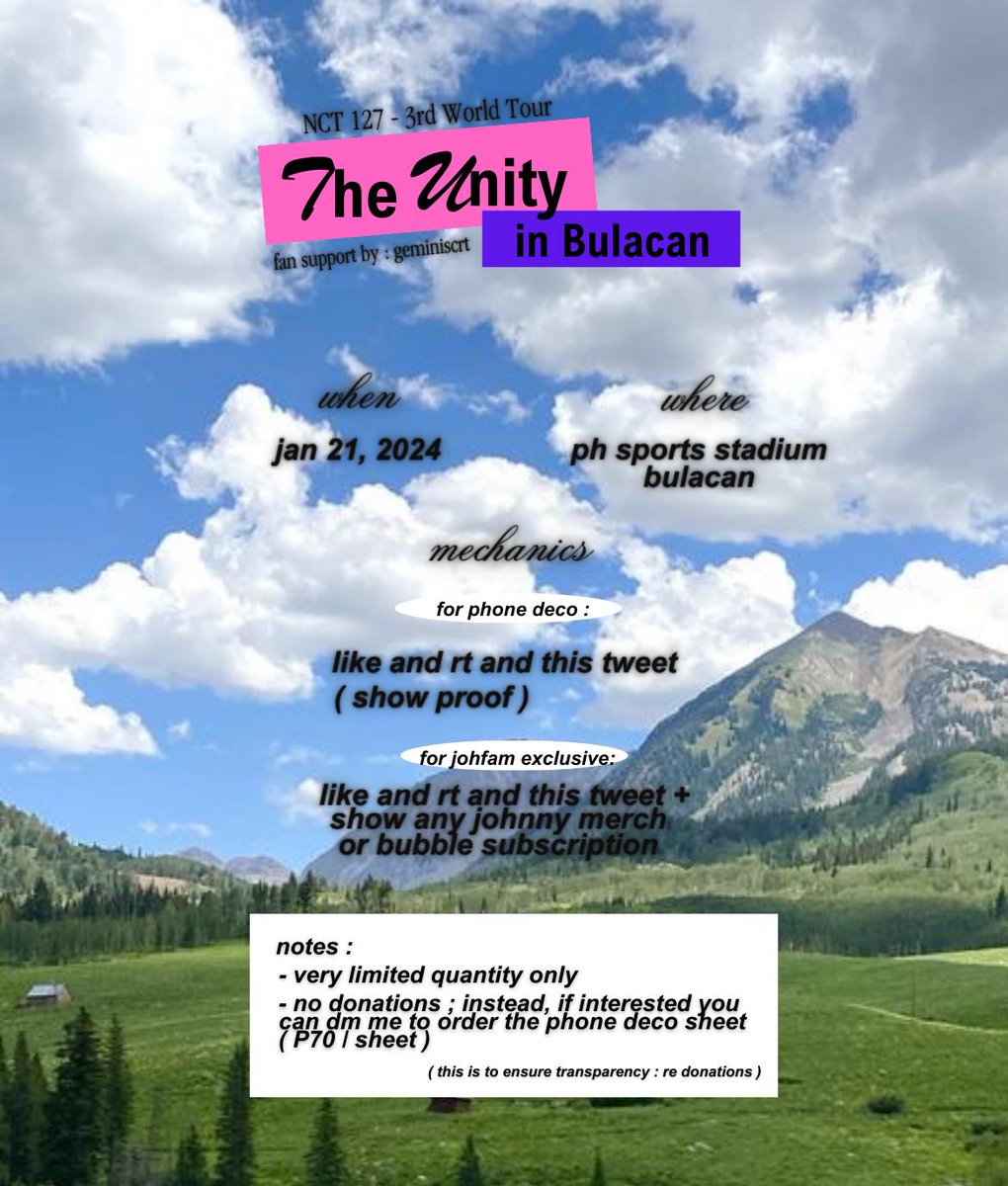 geminiscrt's tweet photo. ╰☆☆ 𝒯he 𝒰nity ☆☆╮ 

 fan support by @geminiscrt   

very limited qty + first come, first serve   
⋆ must be a czennie / johfam  
⋆ read 2nd pic for deets !  

stay tuned for updates, see u there !  #NCT127_NEOCITY_THE_UNITY_in_BULACAN #NEOCITY_THE_UNITY_in_BULACAN https://t.co/Bj2pLYX1kJ