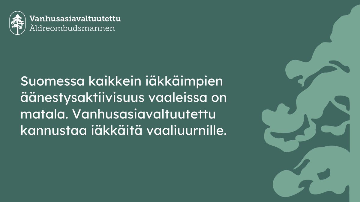 Kaikkein iäkkäimpien äänestysaktiivisuus vaaleissa on matala. On tärkeää, että vaihtoehtoiset äänestämistavat, kuten kotiäänestys, tunnetaan, eikä äänioikeus jää käyttämättä sen vuoksi, että ei pysty menemään äänestyspaikalle. Tietoa äänestämistavoista: vaalit.fi/aanestajalle