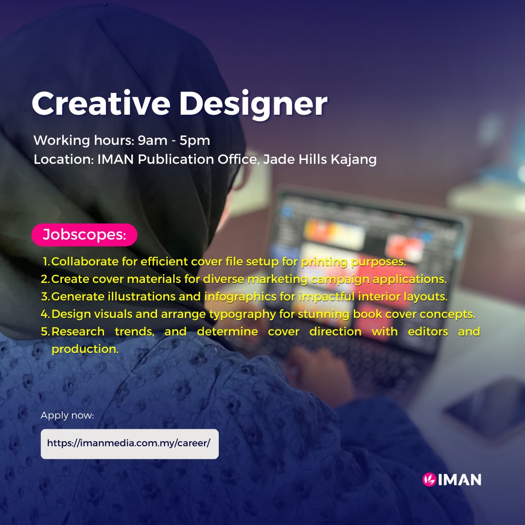 imanmediagroup's tweet photo. Let’s join our growing team and take your career to the next level!

✨ Creative Designer ✨

📲 Apply &amp; find more details about this vacancy at https://t.co/1Ce4xPBlZr

#jobsvacancy #kerjakosongselangor #kerjakosongkajang https://t.co/bob7PH9Fby
