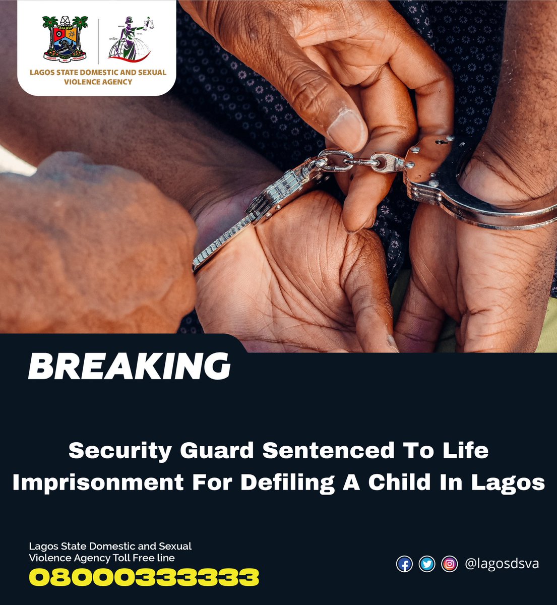 Lagosdsva's tweet photo. JUSTICE HAS BEEN SERVED ⚖️

The Lagos State Sexual Offences & Domestic Violence Court Sentenced, Olawale Olarewaju to Life Imprisonment for Defiling a 12 Year Old Girl.

His name will be registered in the Sexual Offenders Register as maintained by Lagos State.

#LagosDSVA #JusticeforSurvivors
#SGBVNotInMyLagos
