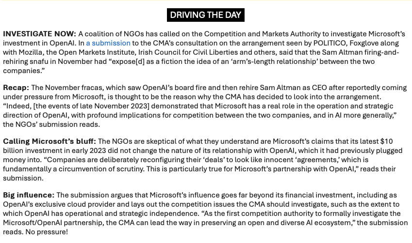 In POLITICO's Morning Technology UK newsletter today: 🧐 NGOs call on Britain's competition watchdog to probe Microsoft/OpenAI. 🗓️ Tech sec Michelle Donelan sets a date for Britain's tech priorities in '24. 💉Palantir gets into trouble with the NHS.
