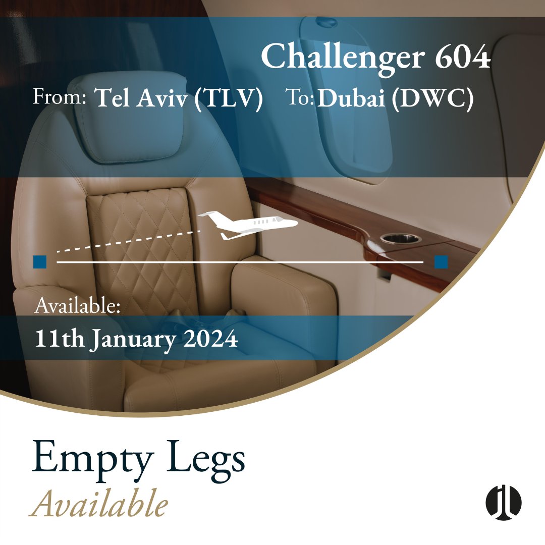 EMPTY LEG ALERT. #TelAviv >>> #Dubai. 11th January 2024. 11 pax. Contact @jetlogic to discuss your charter requirements. > +44 131 478 0802 > jlcharter@jetlogic.com #FlyJetlogic #EmptyLeg #PrivateJet