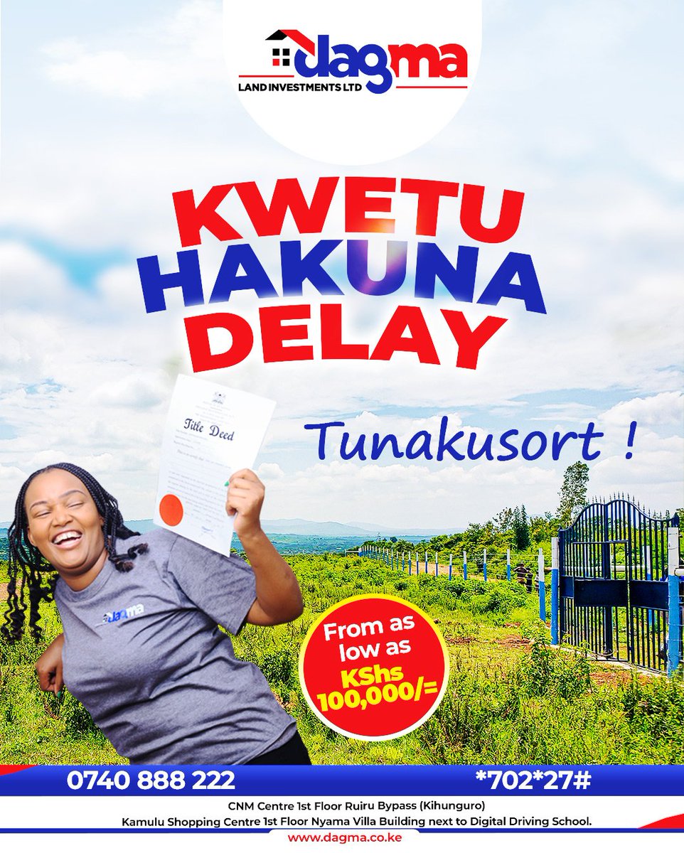 dagmaland's tweet photo. We promise adequate customer service, we deliver on the same‼️

Kwetu hakuna delay! Tusonge mbele pamoja.

Contact us on;
📲 0740 888 222

#WeweNiWaMaana  #DagmaNiNyumbani 

#WePromiseWeDeliver
#DagmaLandInvestment

Mpesa   Faith Adhiambo   WhatsApp   TB Joshua    Ruto Was Right https://t.co/iShpK1lHZ4