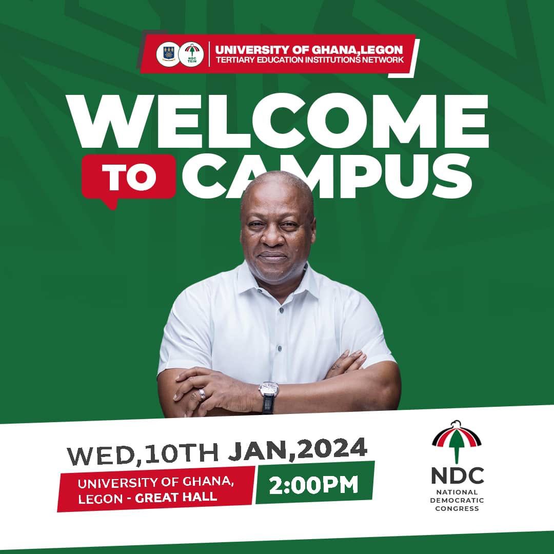 Fellow comarades , please our flag bearer, the incoming president of the republic of Ghana His execellency John Dramani Mahama will be attending a program on university of Ghana, Legon campus. I therefore call on everybody to join UG-TEIN to welcome him. 

#JM
#THEGAMECHANGER