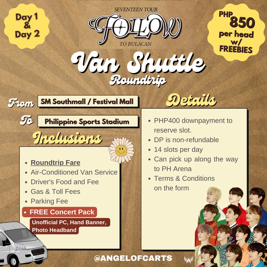 angelofcarts's tweet photo. 🚨Van Service from Las Piñas/Alabang for SVT Follow to Bulacan🚨

- ROUNDTRIP SHUTTLE WITH FREEBIES 💖
 
Cost: 850PHP
DP of 400PHP is required

Fill out this Form to get a slot: https://t.co/IP6Xefnrey

See other details on the photo!

ph sports stadium arena bulacan https://t.co/ErRsCLaoZO