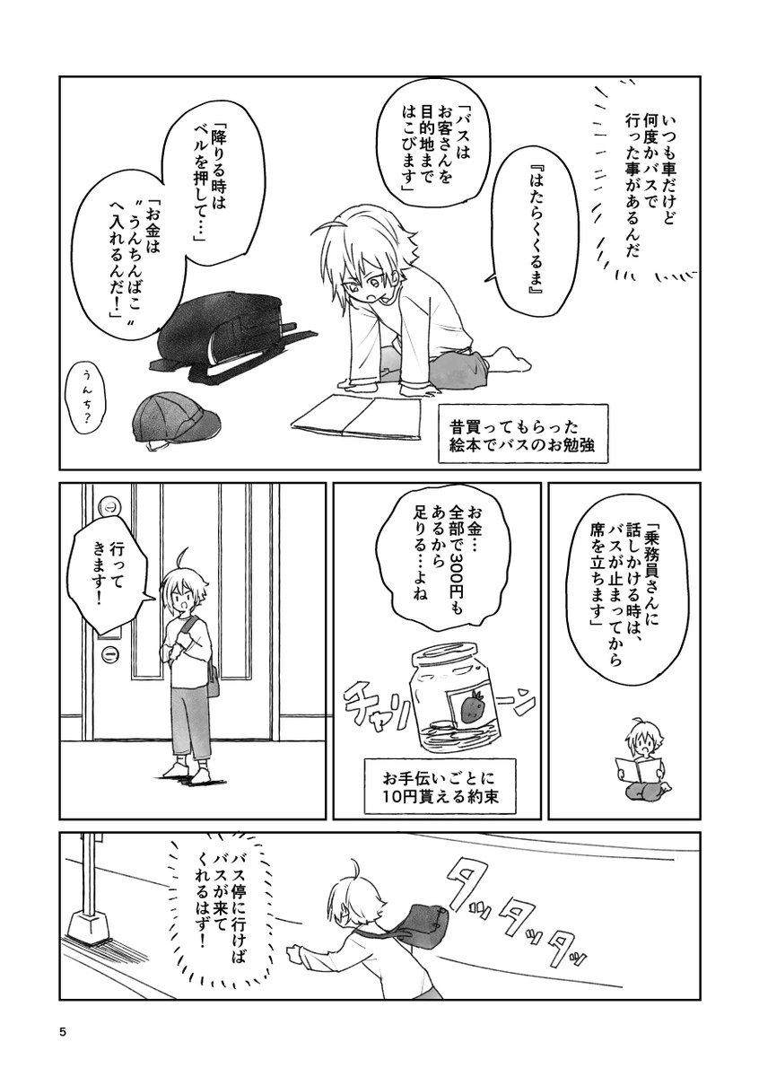 『天くん一人でバスに乗る!』(1/2・全8P)
先日のインテで配布した無配漫画です
七瀬天くん(6)が入院中の陸くんに会うために奮闘するお話。新刊の本筋とは直接関係ないのでこれ単体で読めますが、よりうちの幼少期双子を楽しめる内容になっているかと思います