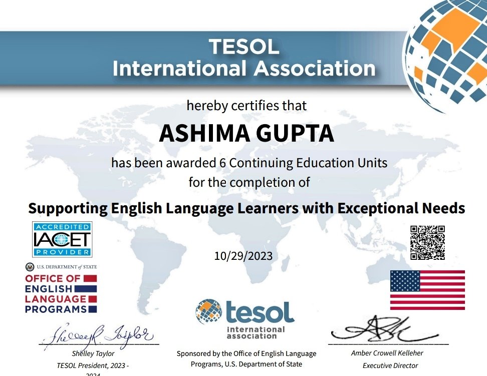 AshimaGupta07's tweet image. Hard work pays amazing perks!

Recently received my @TESOL_Assn Certificate for completing  the course on Supporting English Language Learners with Exceptional Needs.

Gratitude to the @Dir_Education, #RELO and Mentorship Program for curating such learning opportunities.