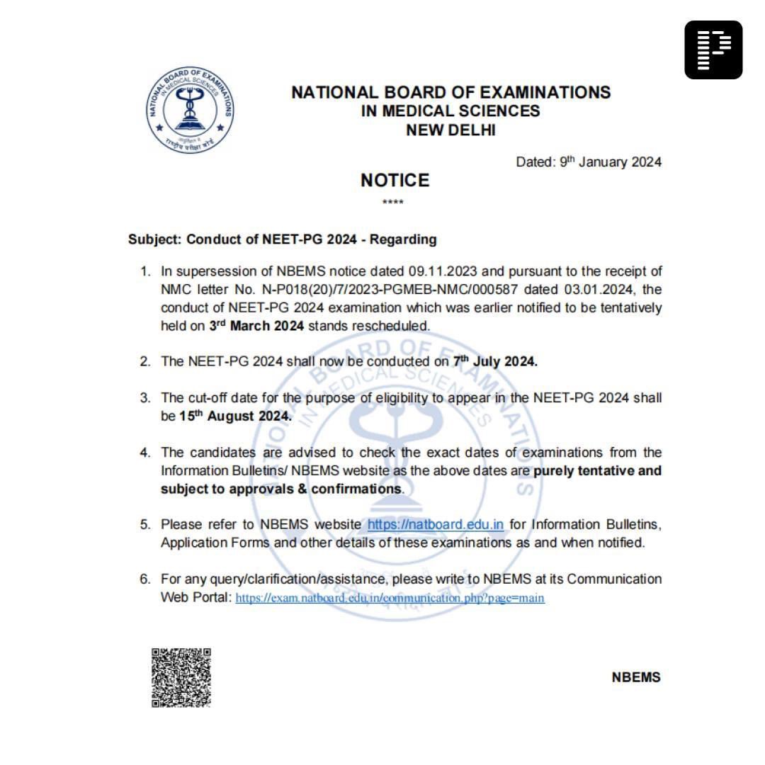 The date for the NEET-PG '24 examination has been rescheduled, as per an official notification on the National Board of Examinations website. However, the current date is only tentative and not confirmed. #neetpgpostponed #neetpg24 #neetpg #neetpgpreparation