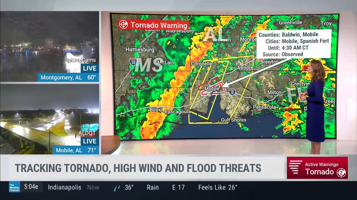 JordanSteele's tweet photo. Tornado warning this early Tuesday AM. Mobile, AL in the crosshairs. If you know anyone who lives in this area, seek shelter asap https://t.co/GLuWqH5Z3X